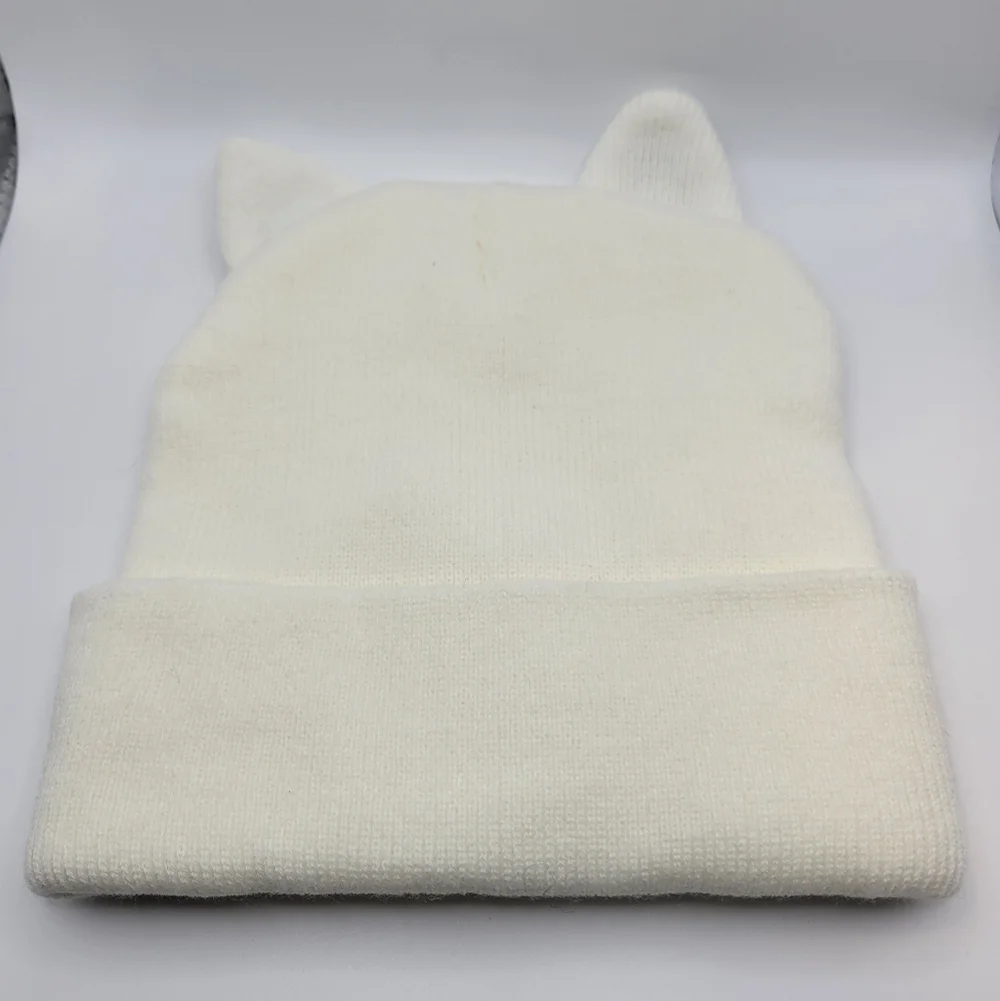 NWOT White Knit Cat Eat Beanie Embroidered Kid Winter Outdoor Snow Cold